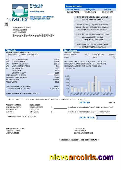 USA Washington City of Lacey water business utility bill (proof of address)